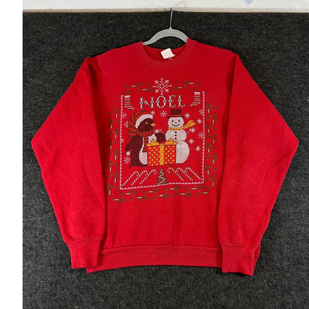 Vintage 90s Noel Christmas Holiday Sweatshirt Red Penguin Snowman Mens Large